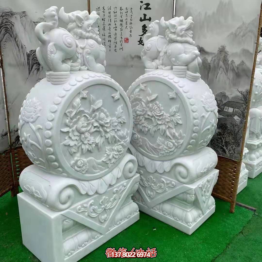 天然優(yōu)質(zhì)漢白玉浮雕麒麟抱鼓石，裝點(diǎn)你的庭院門口