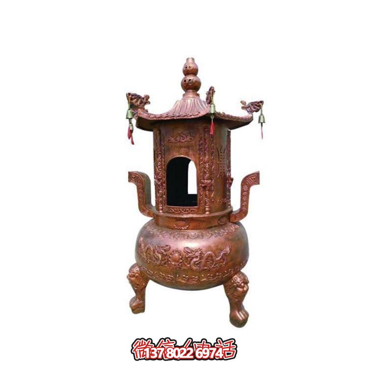 純銅香爐四柱舍利塔，裝飾寺院舍利