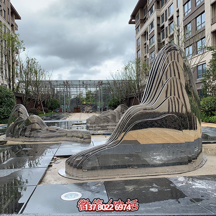 假山雕塑+不銹鋼噴泉，完美結(jié)合抽象鏡面美學(xué)