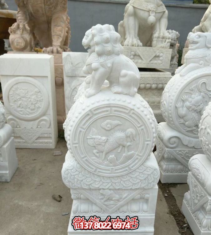 漢白玉石雕戶外園林門(mén)口浮雕獅子抱鼓石雕塑