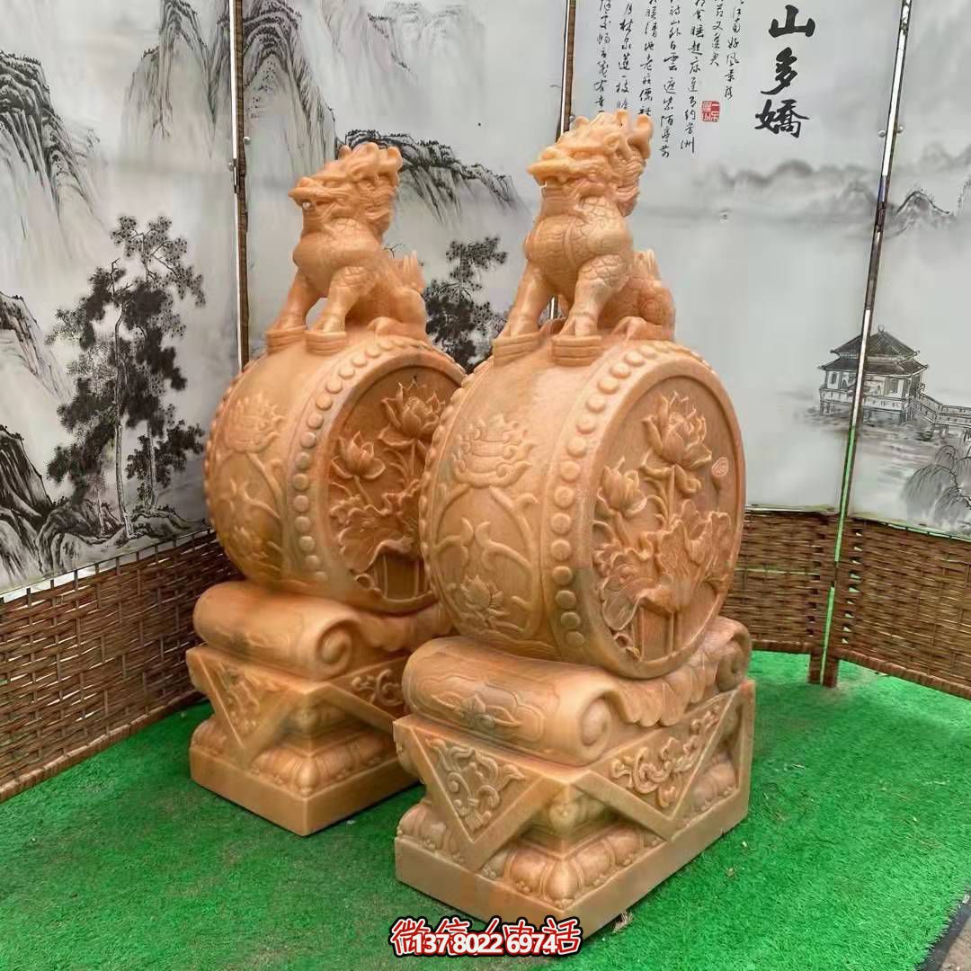 麒麟抱鼓石，晚霞紅荷花門墩