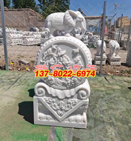 漢白玉象馱富貴牡丹石雕門(mén)墩景觀雕塑